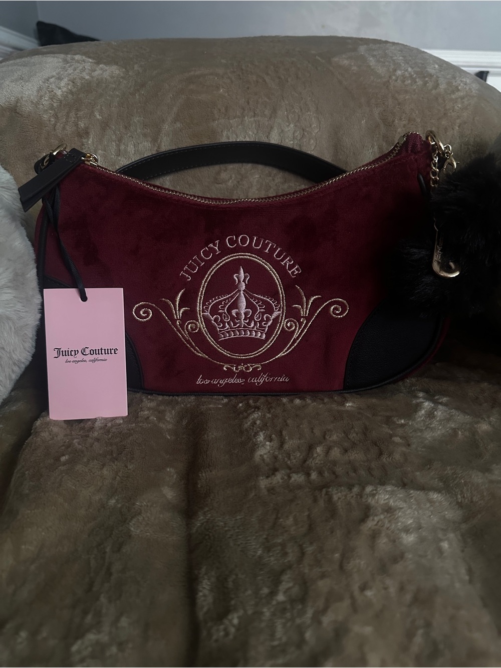 Juicy Couture Burgundy Suede Shoulder Bag with Gold Logo Embroidery